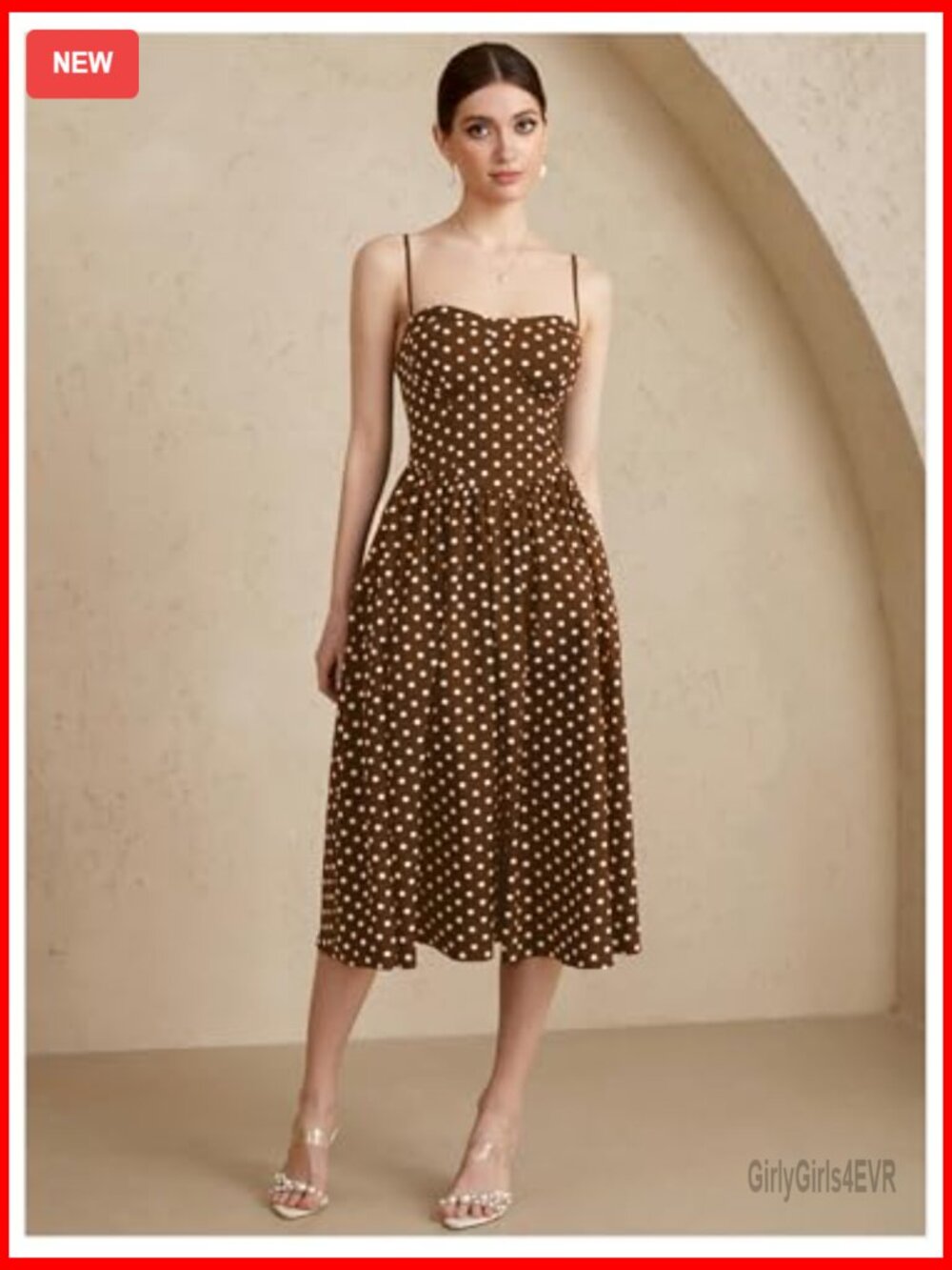 Polka Dot Flared A-Line Midi Dress Spaghetti Strap Vintage Flow - Picture 3 of 6